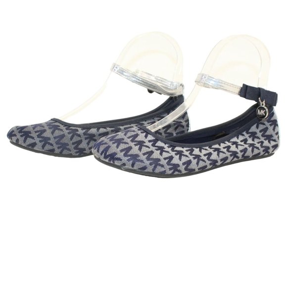 Michael Kors Fairleys Girls Sz 3 Silver Blue Logo Ankle Strap Ballet Flats Shoes - Picture 4 of 12